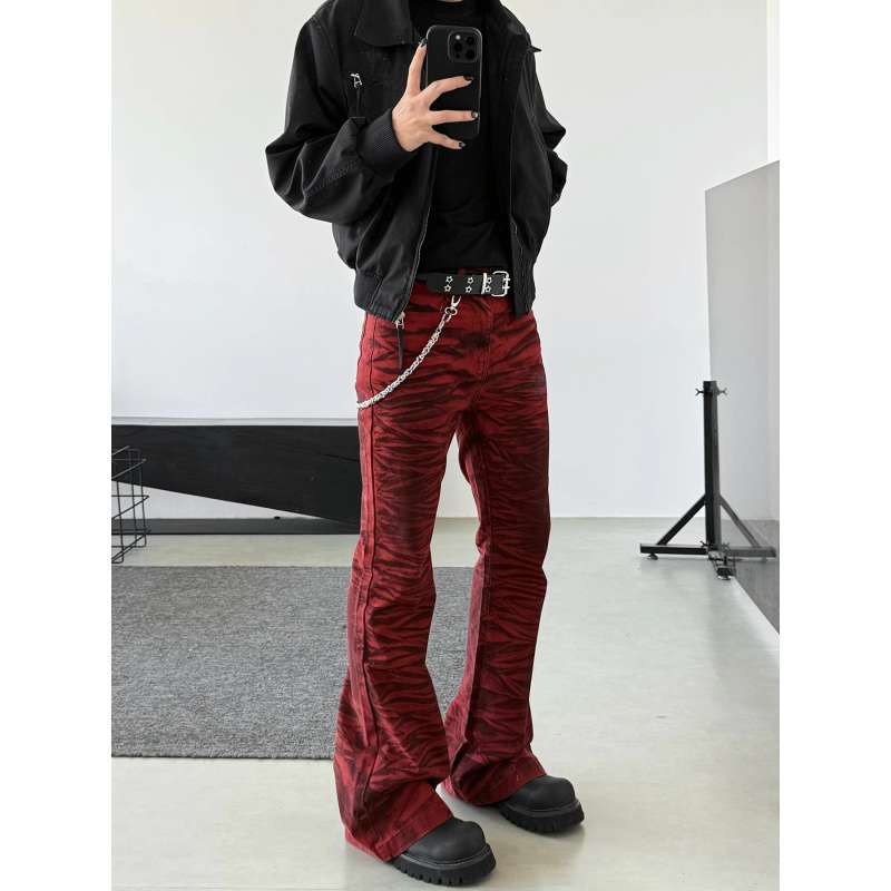 JYL Men's Flare Jeans American New Red Vintage Cleanfit High-Street Denim Pants