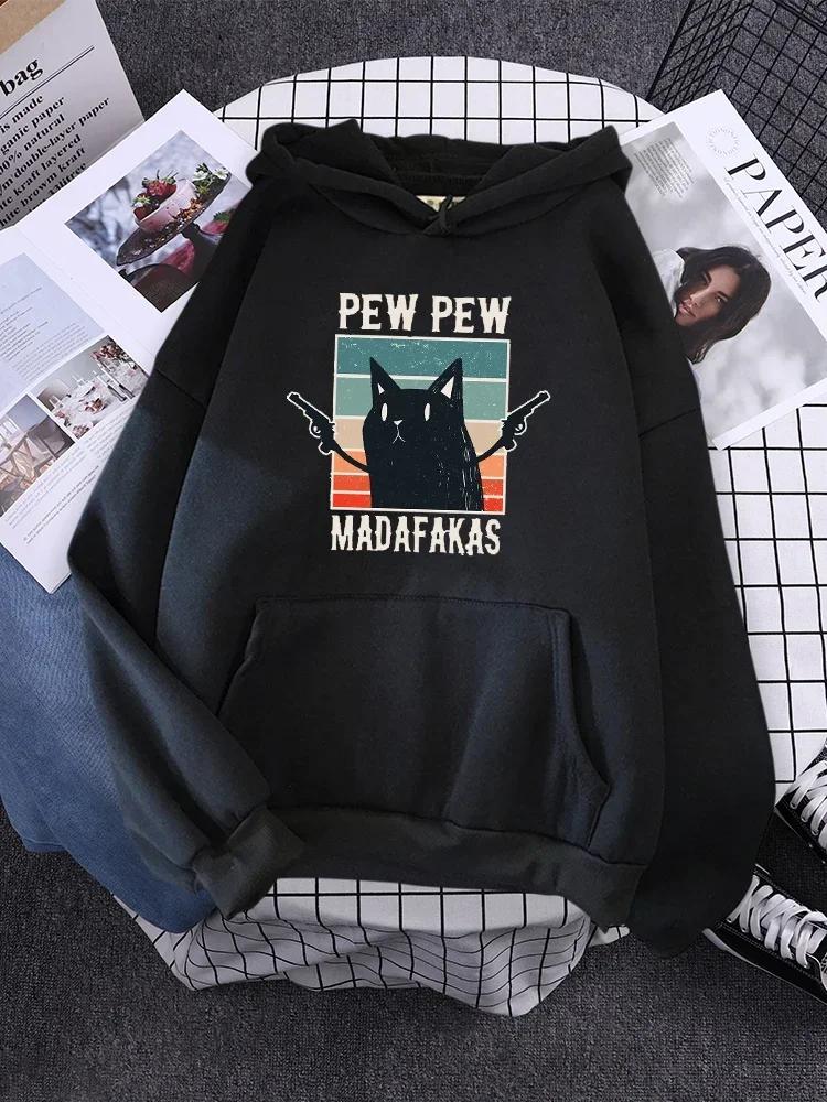 Outdoor Streetwear All match Casual Female Sportswear Pew Madafaks Cat Hold Guns Warm Fleece Hoodies For Women