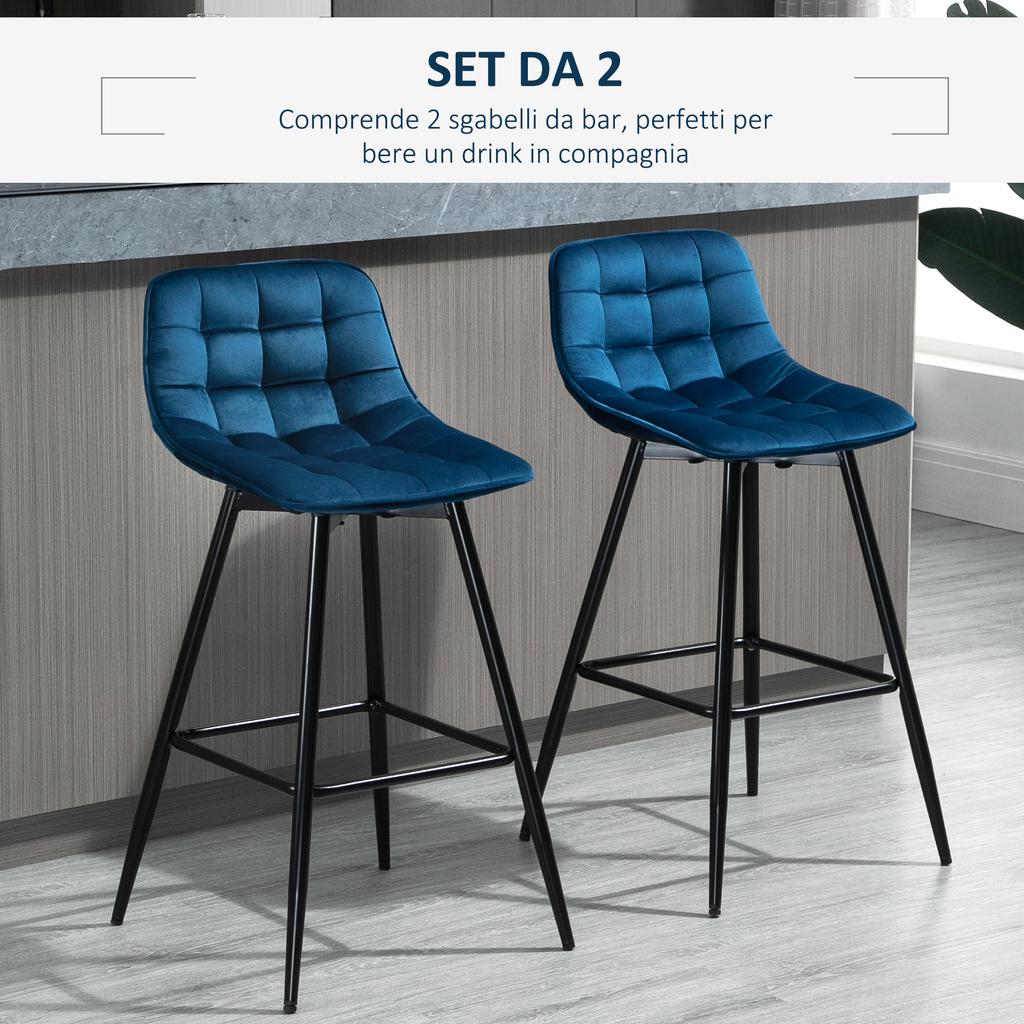 Set of 2 Tall Stools in Nordic Style with Backrest and Footrest, Kitchen Stools with Backrest in Velvet Effect Fabric and Metal, 45x47x88 cm, Blue