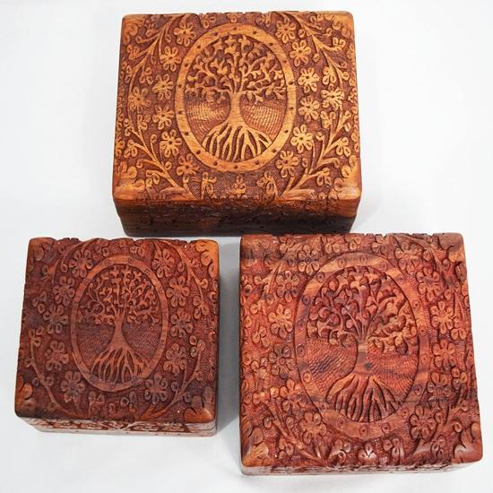 Set of 3 Wooden Jewellery Box for Women Wood Jewel Organiser Hand Carved with Tree Carvings Gift Items for Jewellery Organiser Gift
