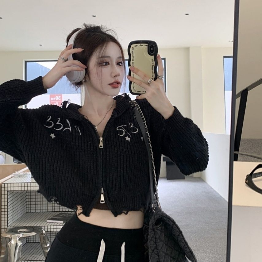 

Винтаж Y2K укороченный кардиган женский Harajuku Kpop ажурный вязаный свитер корейская мода трикотаж на молнии топы гранж L чёрный