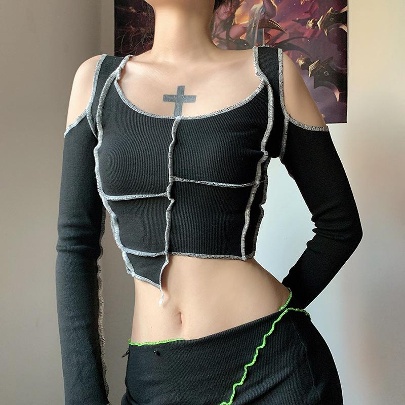 

Темные лоскутные готические футболки E-girl Hollow Out Sleeve Punk Style Осень Crop Tee Slim Fashion Уличная одежда Осень Женщины Топ