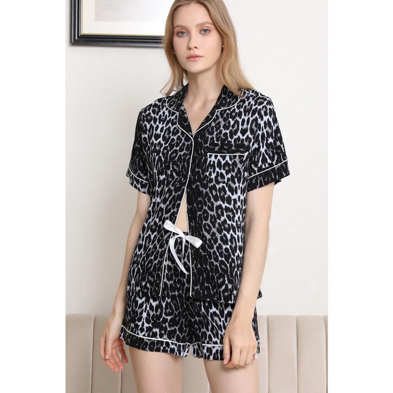 

Женские пижамы, летние тонкие шорты с V-образным вырезом и леопардовым принтом, шорты с короткими рукавами, домашняя одежда из двух предметов XL серебряный