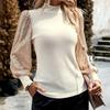 Womens Long Sleeve Tops Mock Neck Sequins Puff Sleeve Patchwork Blouses Solid Color Slim Fit Casual T Shirts