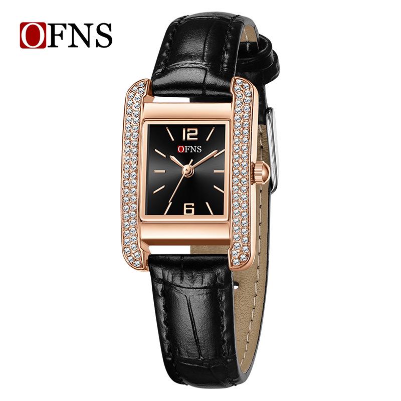 OFNS Elegant Women's Square Dial Watch: Simple Niche Bar Markers, Waterproof, Luxury Diamond Inlaid Quartz.