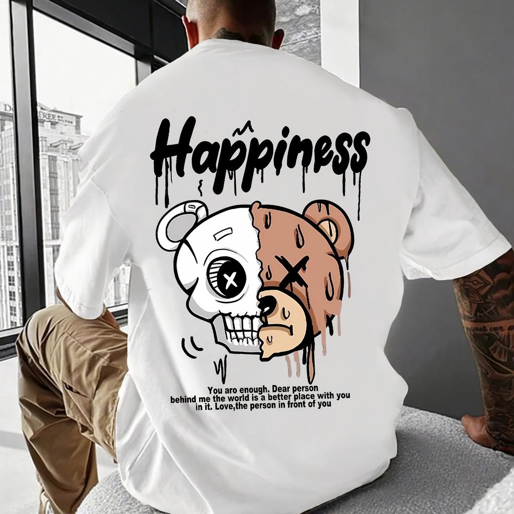 Unisexs Summer Pure Cotton Fashionable Casual Sports Cartoon Bear Pattern Print Round Neck Unisexs And Unisexs Short Sleeved Tshirt