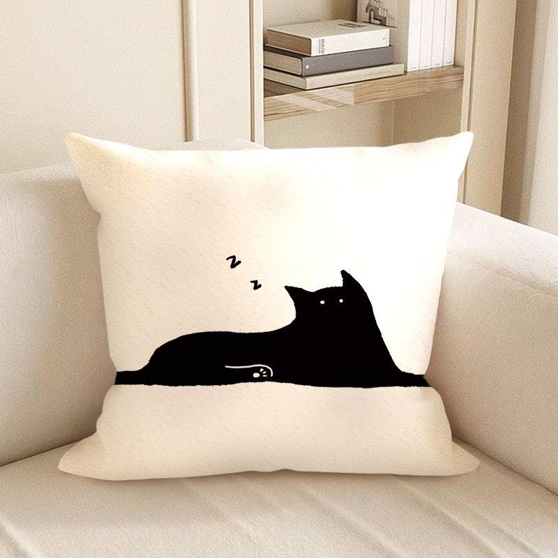 Cute Black Cat Cartoon Throw Pillow Cover - Minimalist Animal Home Decor