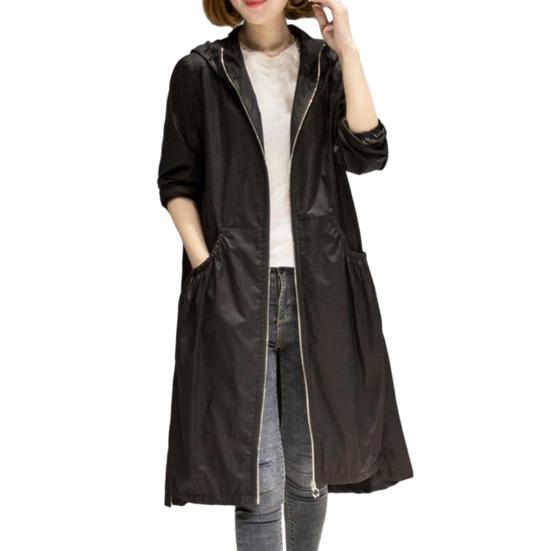 Damen Frühling Herbst Kapuzen Mittellang Windjacke Reißverschlussleiste Langarm Taschen Einfarbig