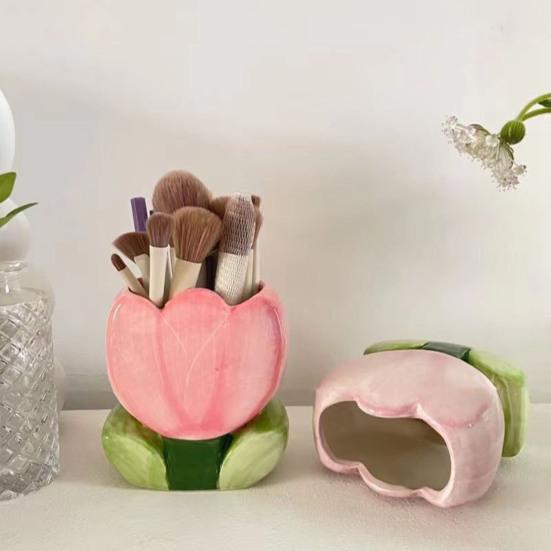 Ceramic Flower Pen Holder Cute Desk Office Storage Box Stationery Shelf Multifunctional Aesthetic Desktop Organizer for Makeup Tools Rulers Brushes
