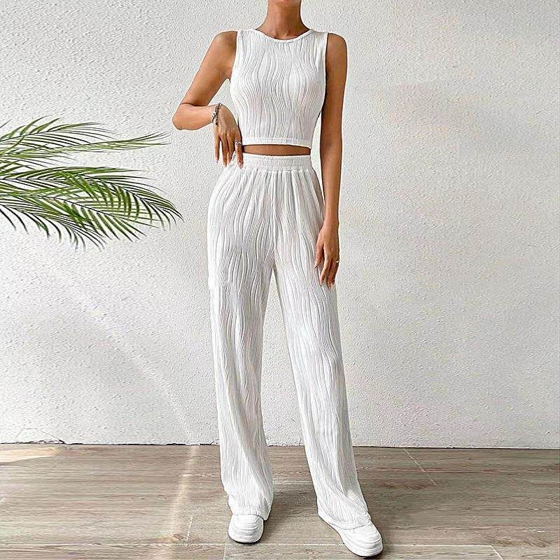 New Solid Color Round Neck Vest Two-Piece Set White [Ready in Stock] 3XL