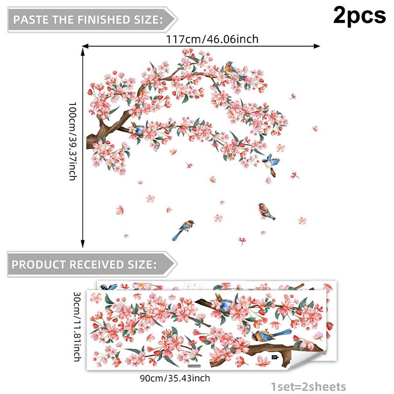 Kreativer Bunter Tuschemalerei Blumiger Pfirsichbaum Zweig Vogel Wandaufkleber Hintergrundwand Heimdekoration Selbstklebender Wandaufkleber