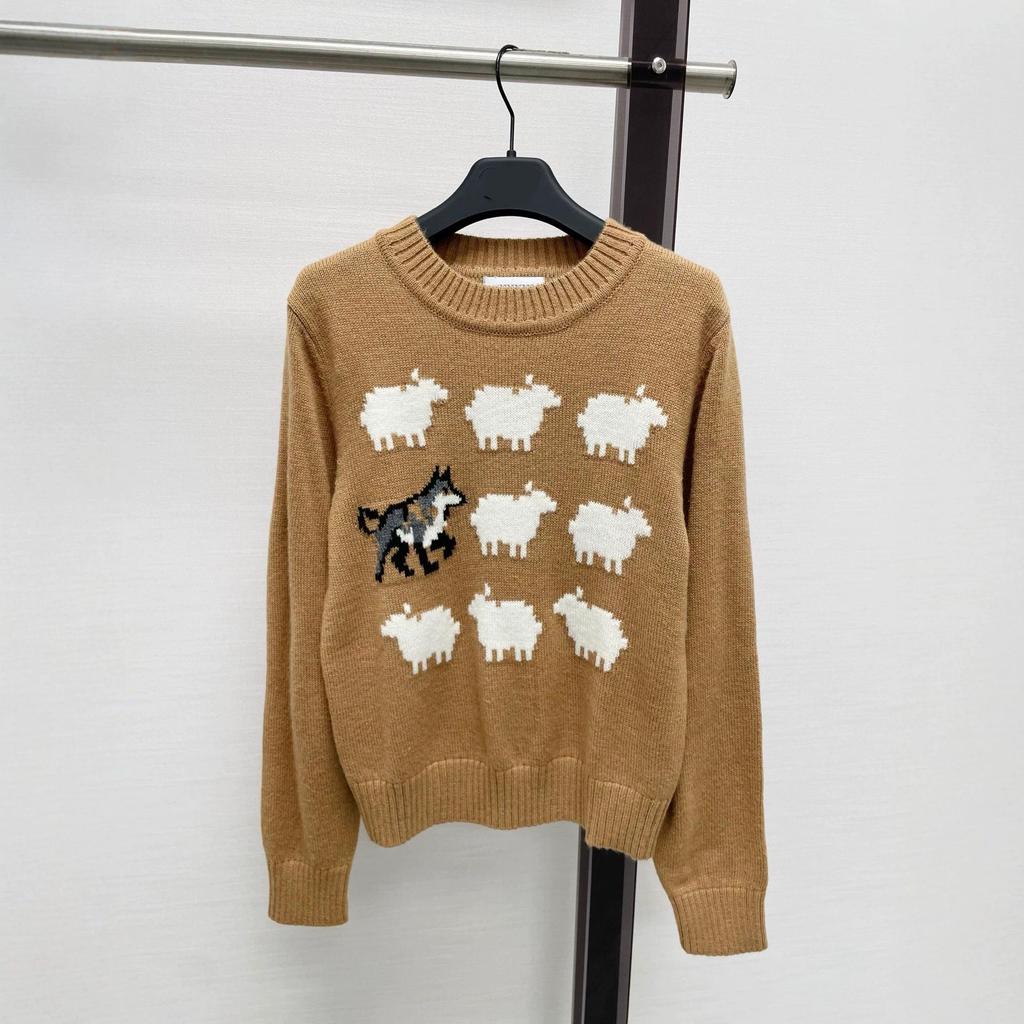 Cartoon Sheep & Dog Jacquard Knit Sweater for Women - Sweet, Soft, Age-Reducing Design with Round Neck and Long Sleeves.