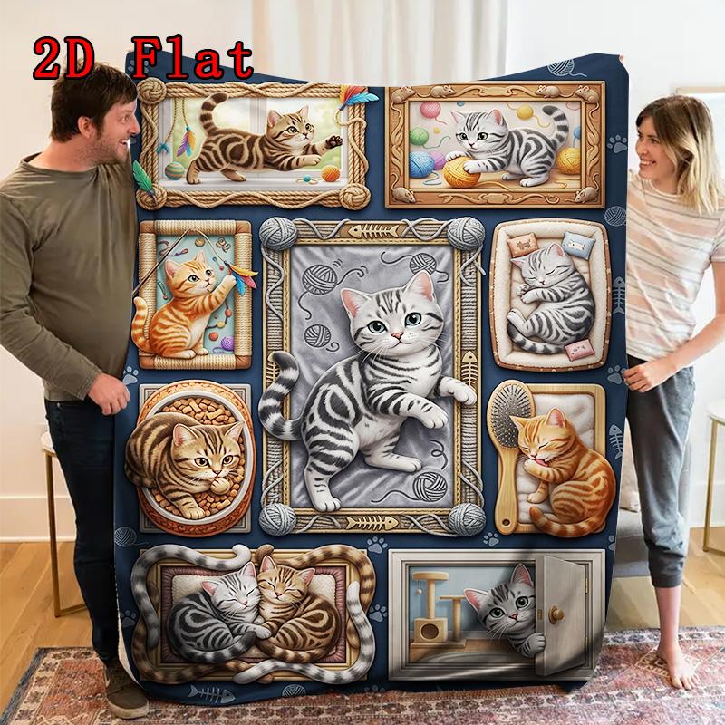 Cat Frames Collection 2D Flat Pattern Flannel Blanket, High Quality All Seasons, Home Decor, Warmth and Comfort, Perfect for Christmas Gifts.