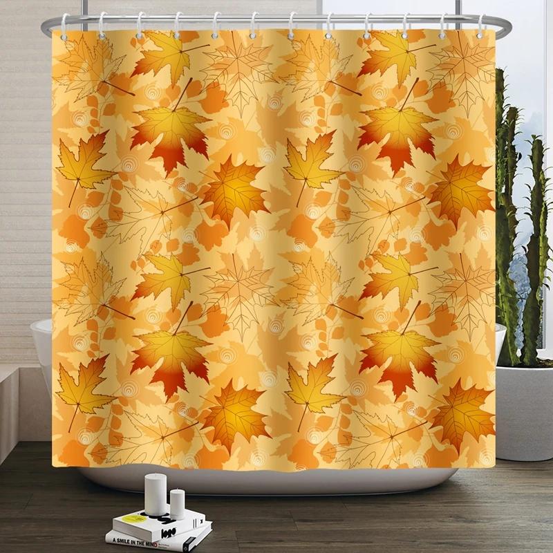Hello Fall Shower Curtain Autumn Maple Leaves Pumpkin Bathroom Decor Polyester Fabric Cloth Shower Curtain With Hooks Room Decor
