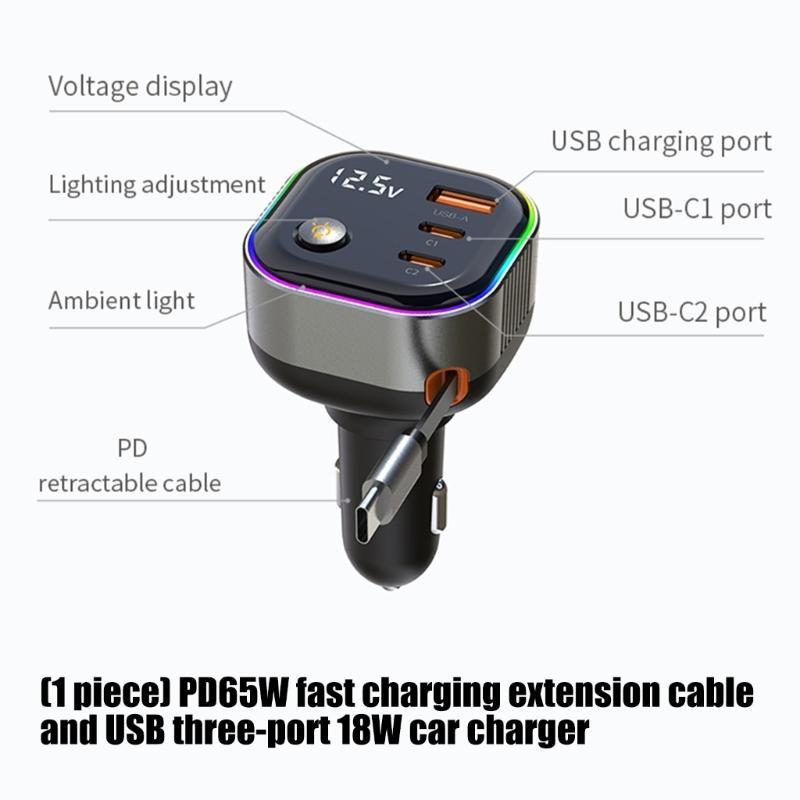 High Power Car Charger PD65W Retractable USB C Cable with 18W USB A /Type C Port Voltages Display Intelligent Protections