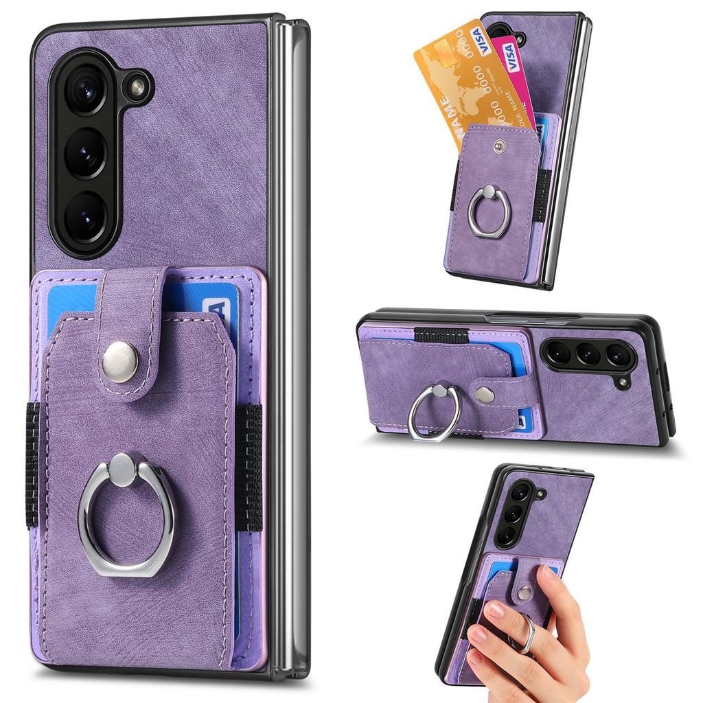 D2 Für Samsung Galaxy Z Fold6 5G Hülle Kartenfach Ring Ständer Leder+PC Handyhülle