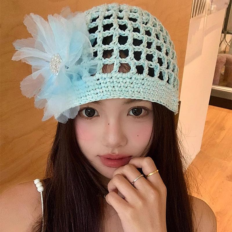 Women's Spring and Summer Korean Style Thin Hollow Breathable Sunshade Handmade Knitted Hat Sweet Wool Linen Fishnet Hat