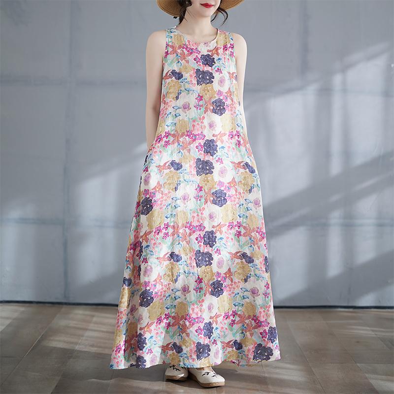 DIMANAF 2025 Women Summer Dress Ladies Basic Long Linen Flower Dress 8135