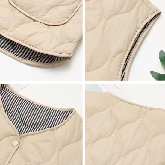 Zimní dámská vrstvená vesta kabát s úložným vakem tenká vycpaná zapínání na patentky výstřih do V bez rukávů jednobarevná větruodolná