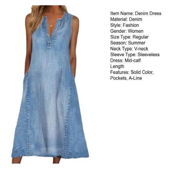 Denim Dress V-neck Sleeveless Casual Loose Hem Mid-calf Length Dressing Up Breathable Women