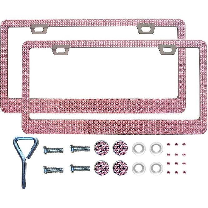 Pink Bling License Plate Frame for Women, Sparkly Rhinestone Handcrafted Crystal Premium Stainless Steel, Stainless Steel Car Accessories with