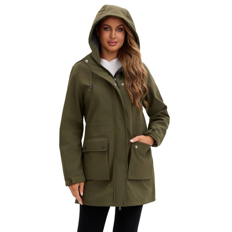 Womens Softshell Jacket With Hood Windproof Rain Resistant Outdoor Coat Long Sleeve Loose Fit Hiking Commuting Fall Winter