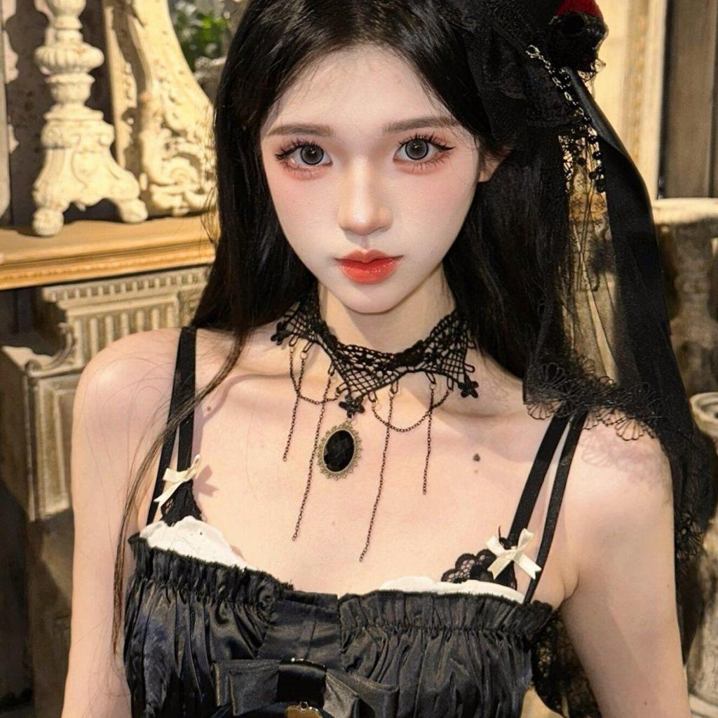 Retro Witch Princess Black Lace Tassel Flower Choker Necklace