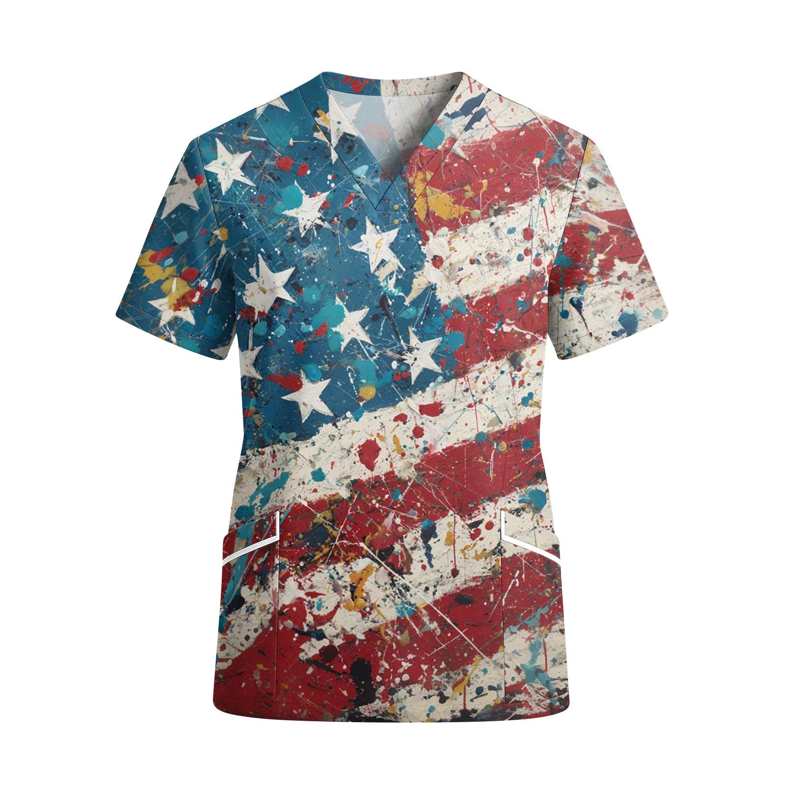 

Women s V Neck Short Sleeve Work Shirt with Pockets American Flag Print Independence Day Top for Professional Use XXL