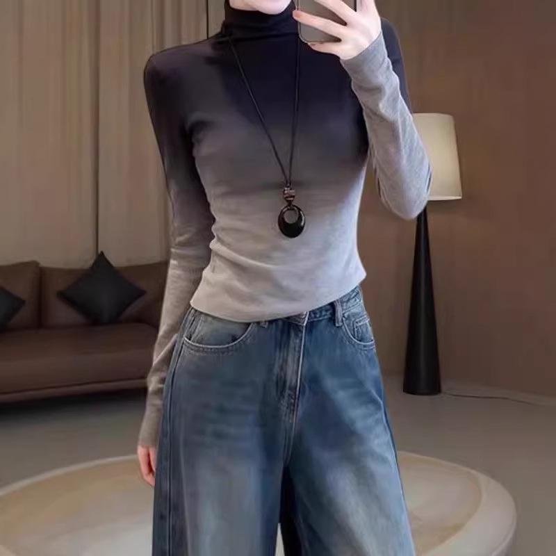 Gradient Cropped Semi-High Neck Slim Fit Thermal Top - 2026 Autumn/Winter Korean Style Women's Clothing