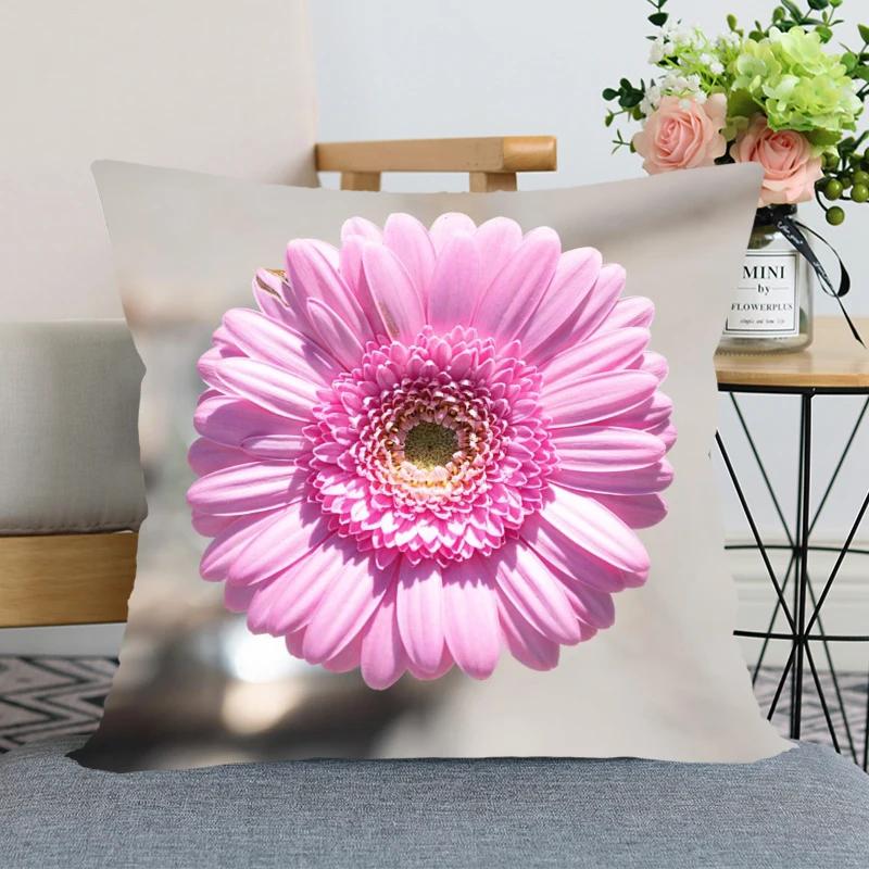 Neuankunft Gerbera Blumenkissenbezug Schlafzimmer Home Office Dekorative Kissenhülle Quadratisch Reißverschluss Kissenbezüge Satin Weich Kein Ausbleichen