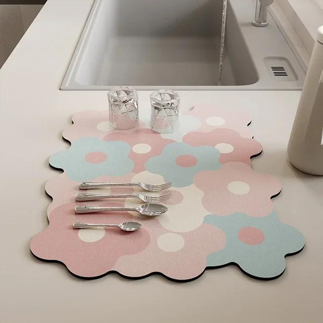 Quick Dry Dish Drying Mat Flower Rubber Tableware Draining Pads Rug Kitchen Dinnerware Placemat Super Absorbent Coffee Drain Pad