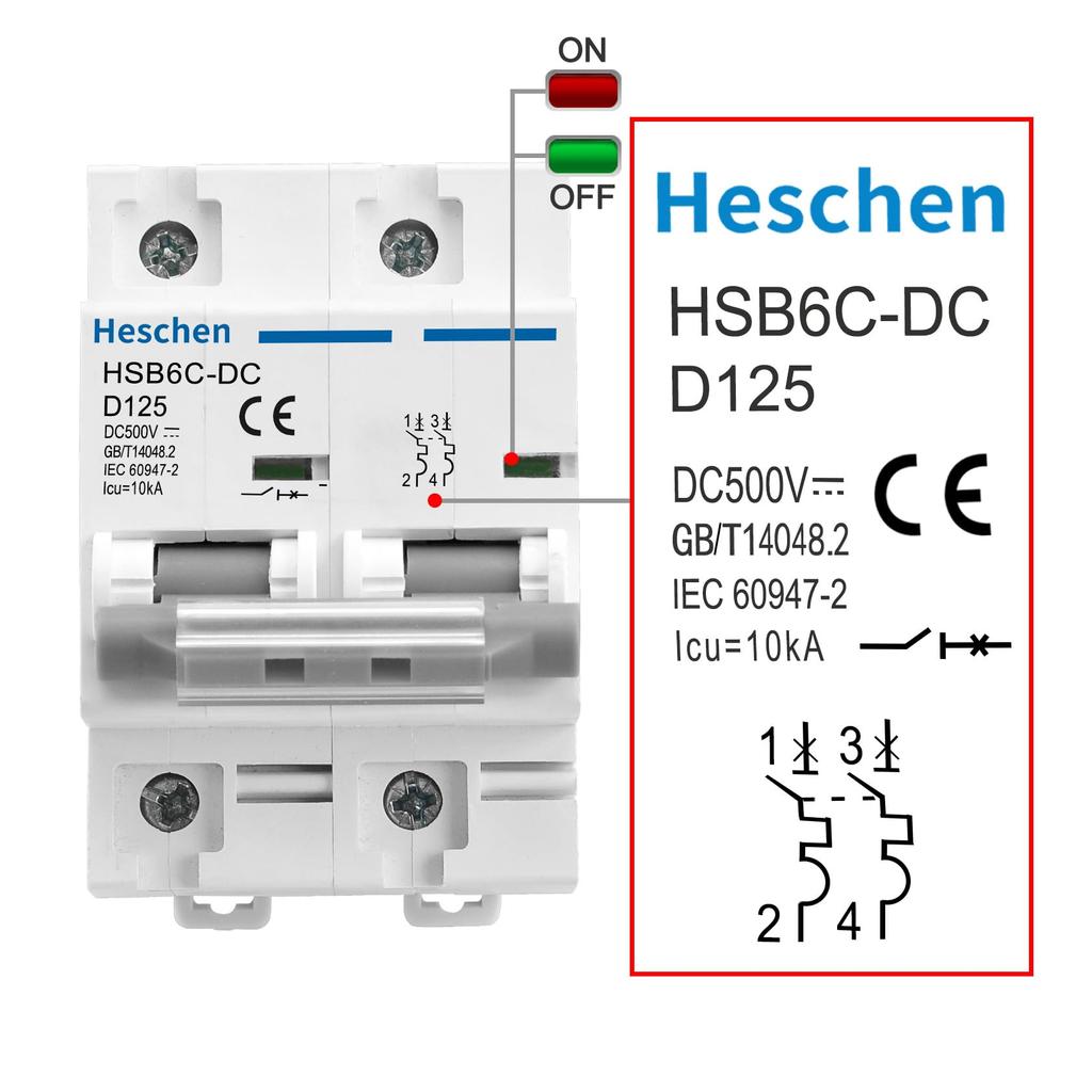 Heschen DC Miniature Circuit Breaker, HSB6C-DC, 2-Pole, DC500V 125A, for Solar Panel Controllers, 35mm DIN Rail Mounting, for PV Systems and Solar