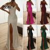 Banquet Maxi Dress Lady Evening Off Shoulder V Neck Side Slit Floor Length Sequin Prom