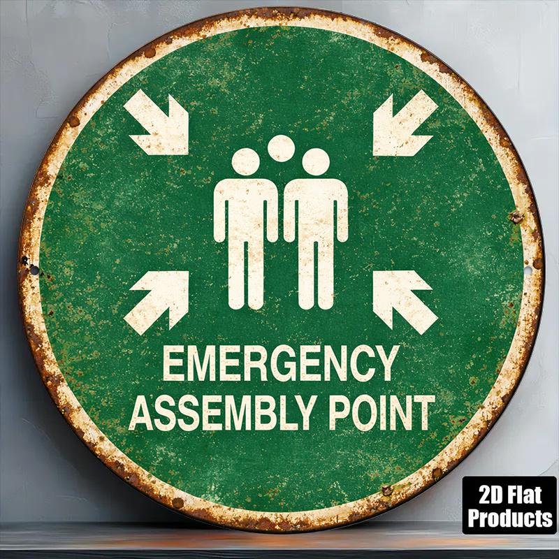 D Flat pc InXCm D Flat Round Sign Retro Plaque about Emergency Assembly Point Safety Evacuation Instructions