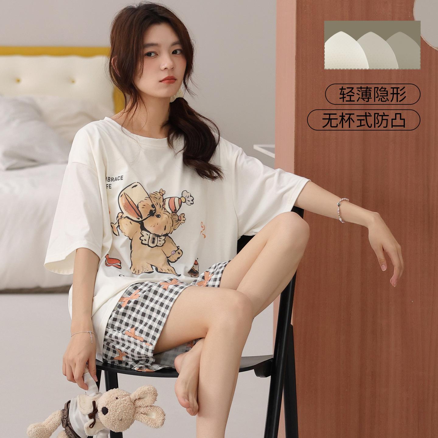 

Pajamas with chest pads, women s summer cotton short-sleeved shorts, loungewear, new summer cartoon outerwear suit xxl recommended 70-80kg