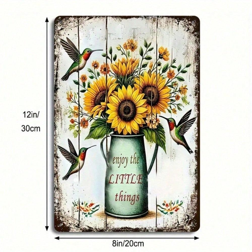1PC Rustic Sunflower Metal Tin Sign, 2D Flat Hummingbird Plaque with Enjoy The Little Things Quote, Farmhouse Wall Decor