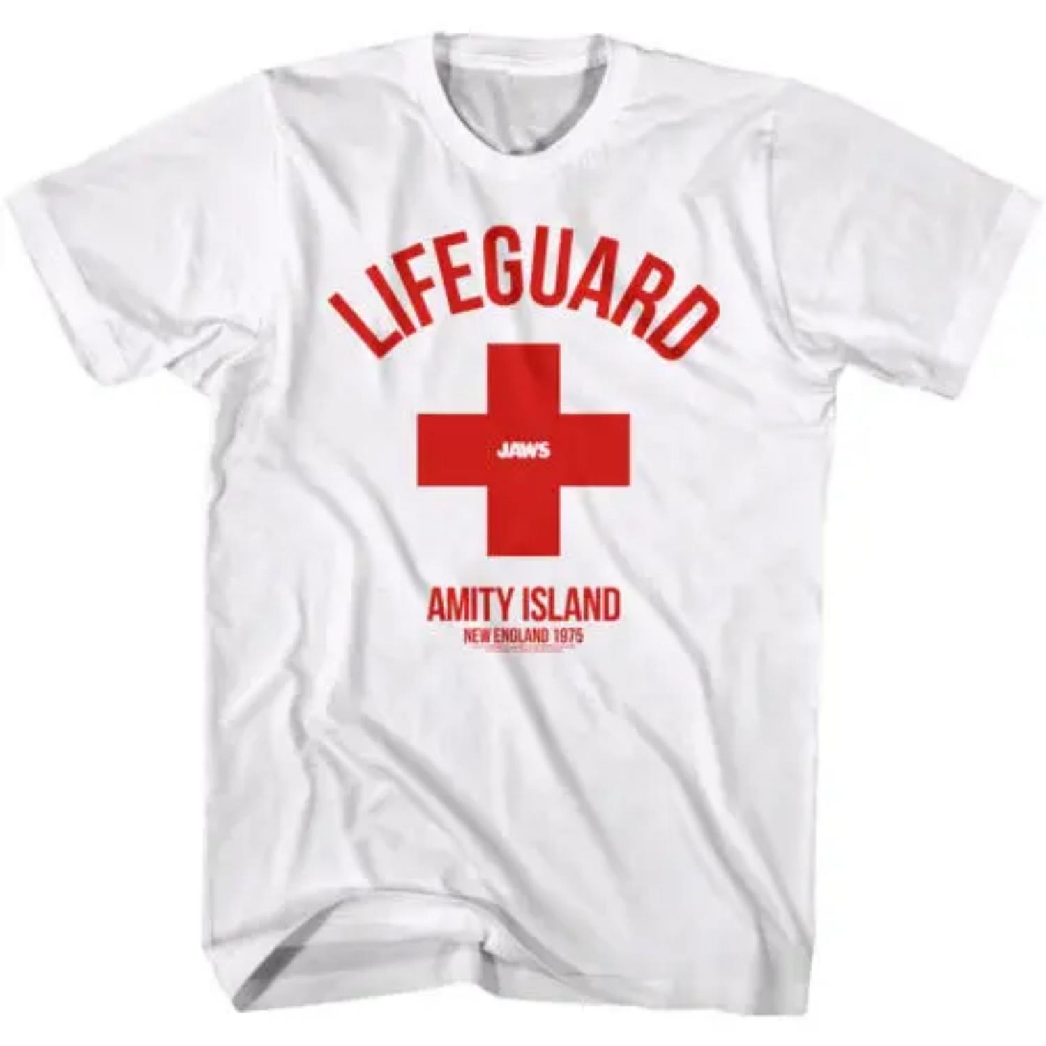 Jaws Amity Island Lifeguard Men s T Shirt Great White Shark Fishing bait Tee S чёрный