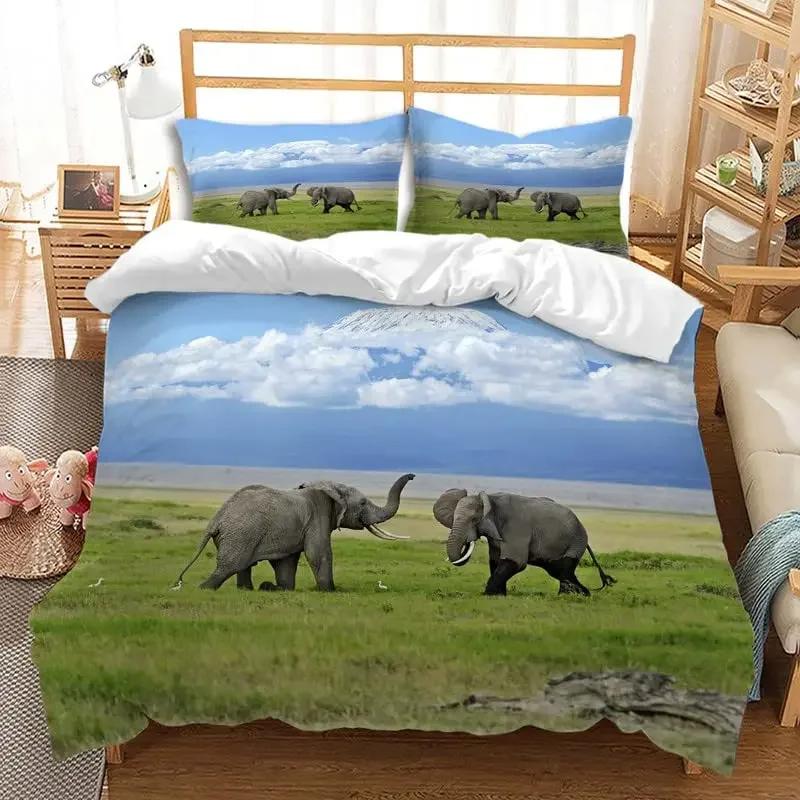Comforter Cute Elephant Green Grass Bohemian Elephant Bedding Set Microfiber Safari Animals Comforter Twin King Size