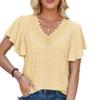 Damen Frühling Sommer Spitze V-Ausschnitt Rüschenärmel Einfarbig Lose T-Shirt