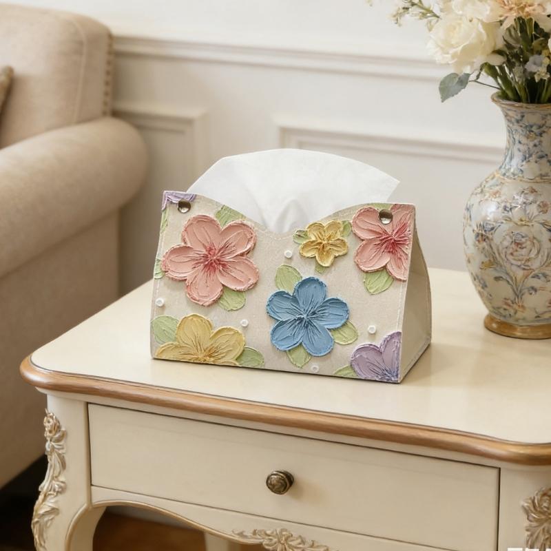 Artistic Colorful Flower Pattern Leather Tissue Holder Portable Napkin Dispenser Perfect For Home And Office Use