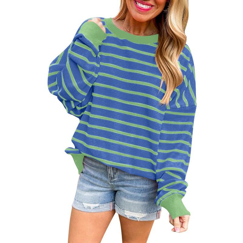 Casual Women's Striped Contrasting Long Sleeved Pullover Women's Warm Pullover