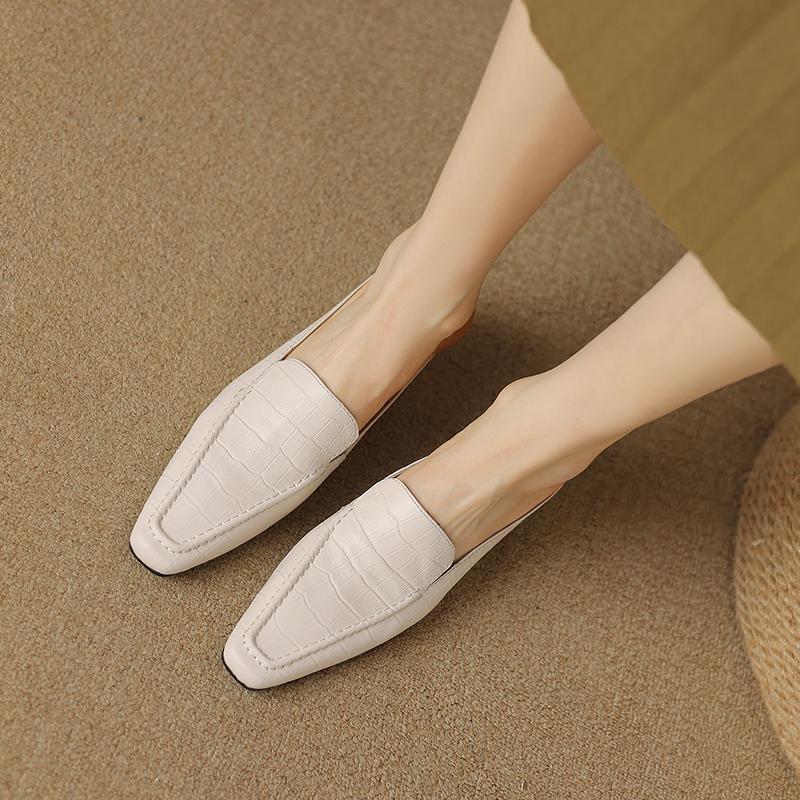 2024 New Summer Real Leather High Heels Half Slippers Women Square Toe Slip on Mules Ladies Fashion Dress Slides Shoes Female
