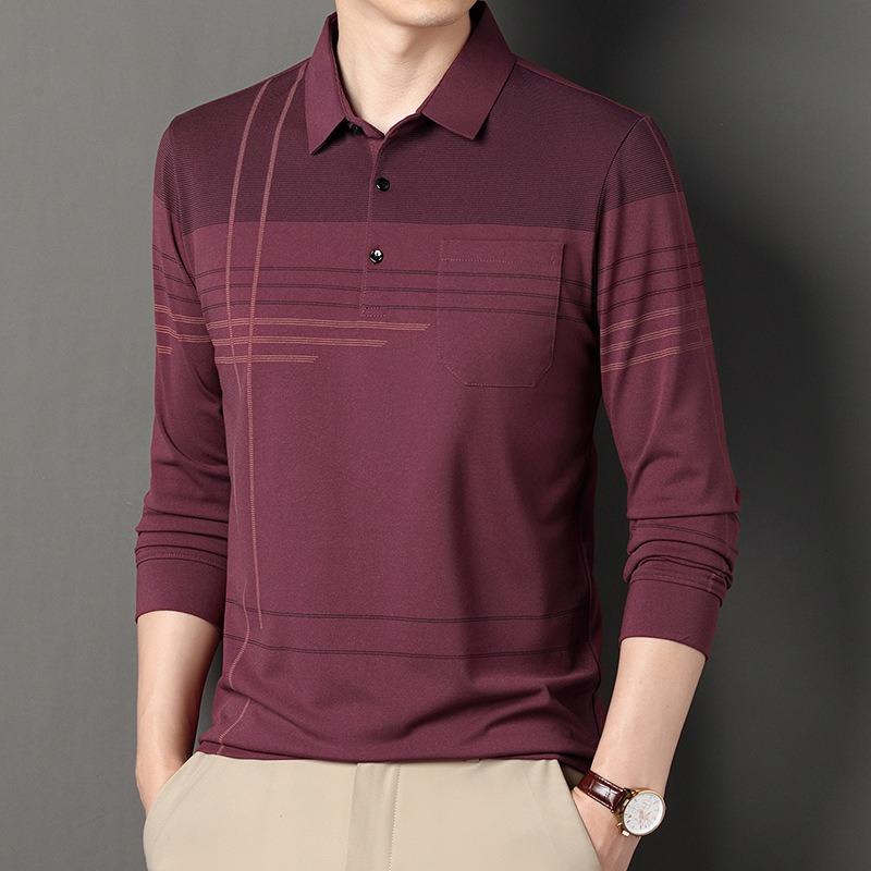 Men S Long Sleeve Striped Polo Shirt Casual Middle Age Dad Style