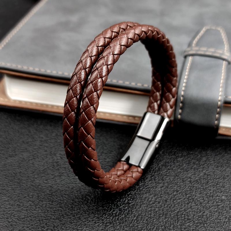 Mingao MF Double Leather Braided Stainless Steel Men's & Women Bracelets With Black/Brown Charm Magnet Clasp Custom Accessors