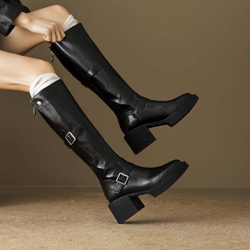 Herbst- und Winter Damen Leder Ritterstiefel einfarbig Reißverschluss hinten hoher Absatz große Größe Damenstiefel vielseitig quadratischer Absatz Rindsleder hohe Stiefel