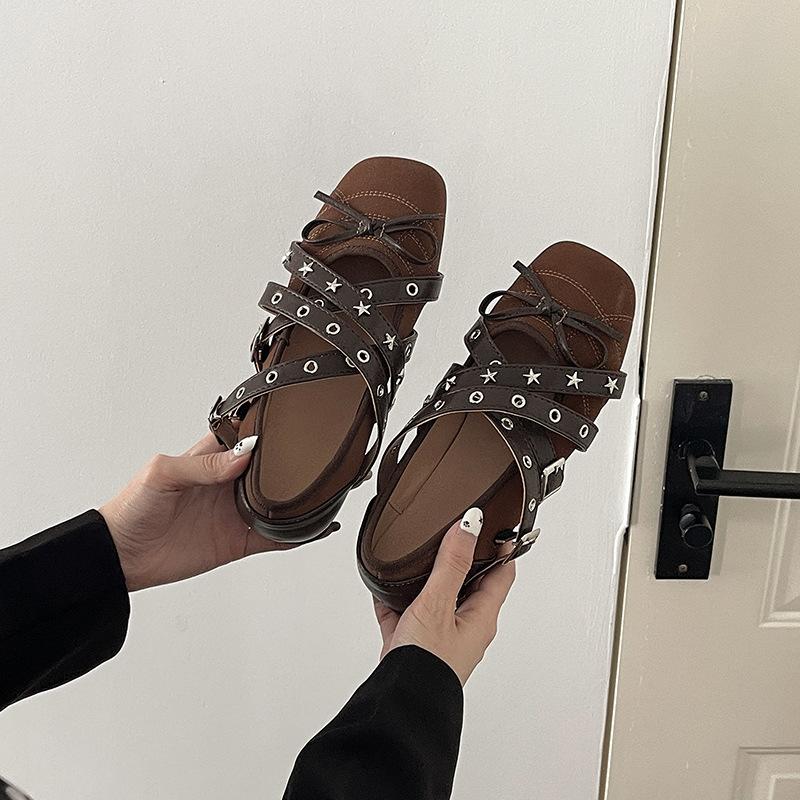 Retro bow shallow mouth single shoes 2025 summer new flat cross belt Mary Jane shoes women's rivet ballet shoes