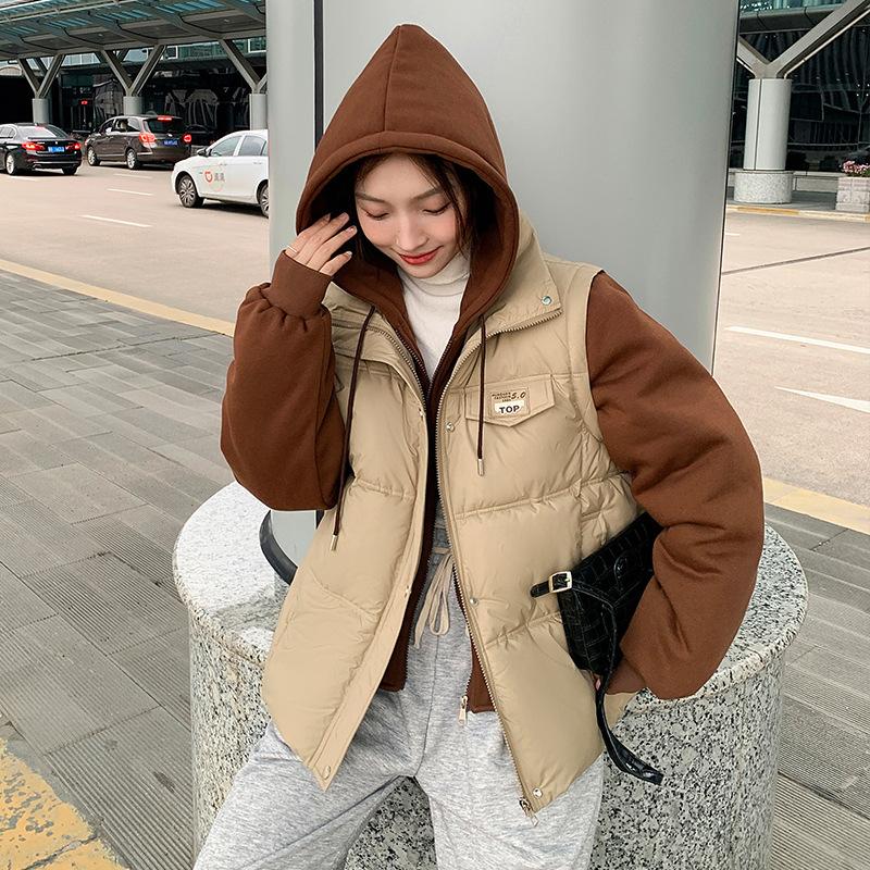 Thickened sweater cotton clothes women's autumn new fashion splicing fake two-piece coat loose and thin down cotton-padded clothes short
