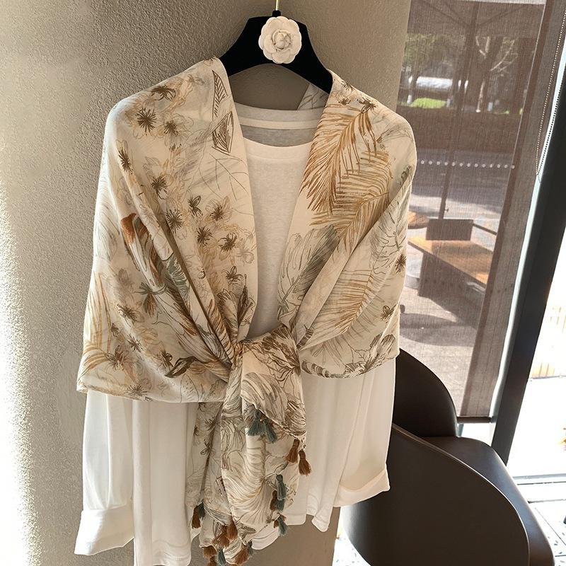 Silk Scarf Women's Summer Korean Version Versatile Thin Gauze Cotton and Linen Scarf Blue Feather Fringed Beach Towel Sun Protection Shawl