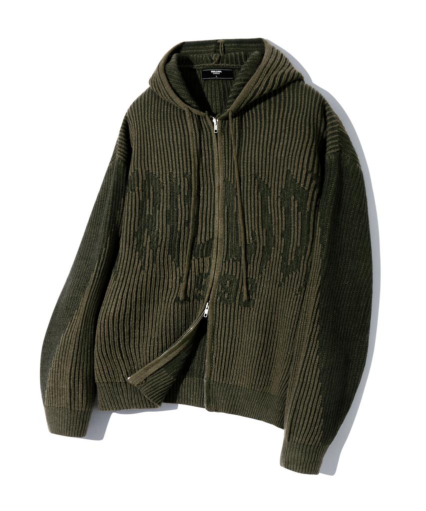 TRILLION Washable Two-Tone Hooded Zip-Up Graphic Knit (Khaki)