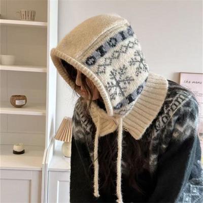 Balaclava Hat Women's Winter Thermal Hat Scarf Integrated Ear Protection Wool Knitted Hat